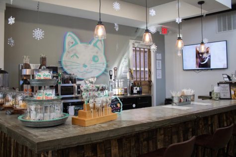 The snack bar at Purrfect Day Cat Cafe contains an assortment of cat themed treats and beverages. 
