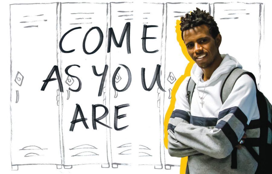 A photo illustration of a young man with a backpack. Behind him is an illustration of school lockers. The words Come As You Are are to his right.