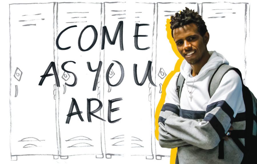 A photo illustration of a young man with a backpack. Behind him is an illustration of school lockers. The words "Come As You Are" are to his right.