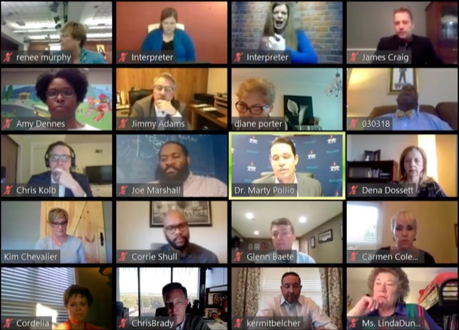 JCPS+Board+of+Education+members+meet+virtually+via+Zoom+for+an+emergency+meeting.+Screen+captured+by+Sylvia+Cassidy.