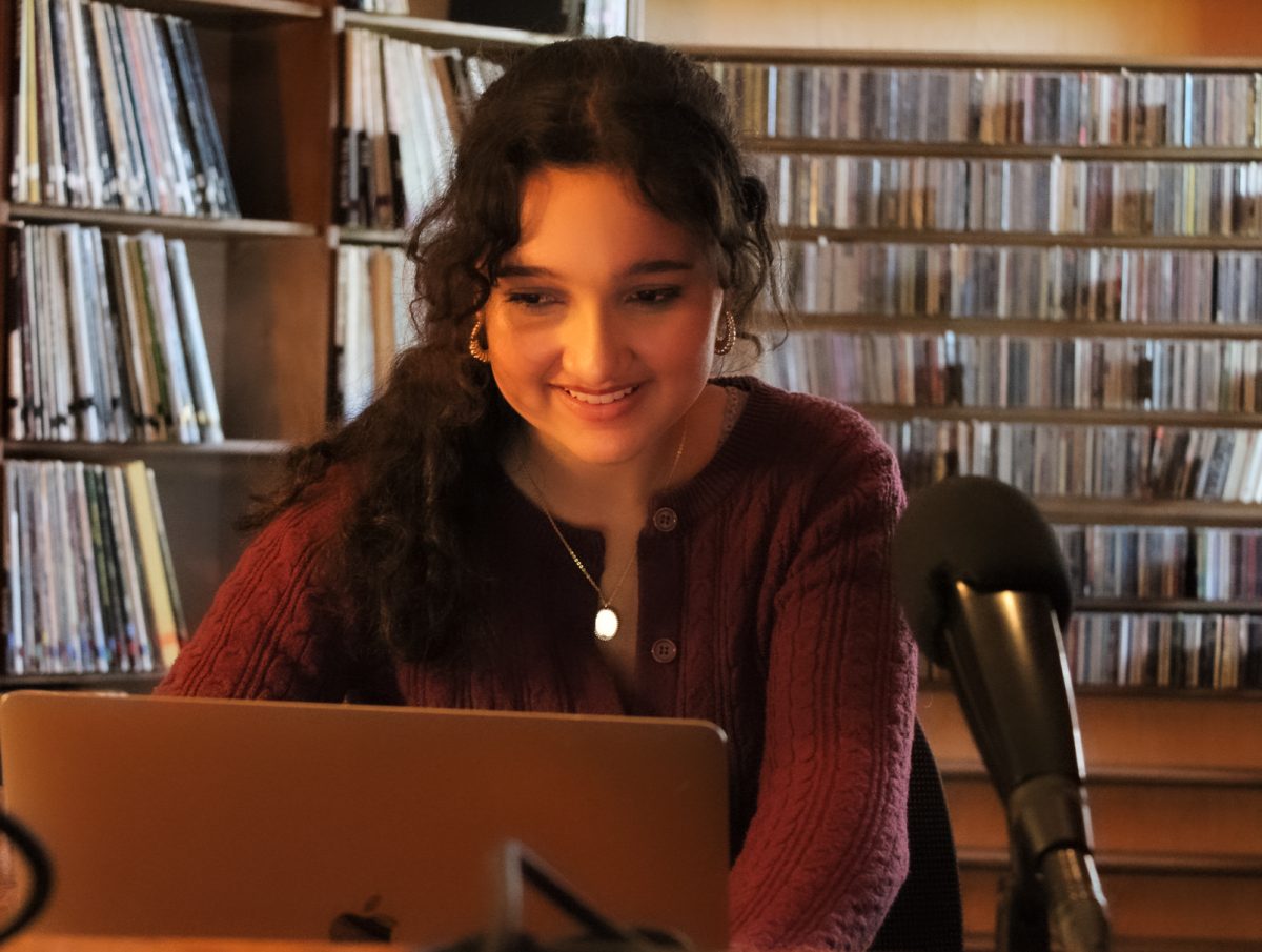 Lila Hayden, 16, researches music pieces and composers for the show she co-hosts, “LAM Radio Hour,”
April 14. She chose a monthly theme, which for April was “The Realms of the Earth.”