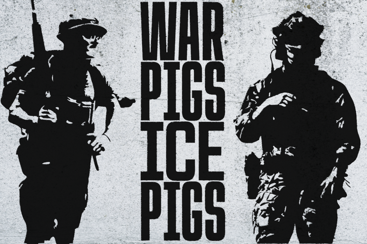 Stark Comparison - The photos of a soldier and ICE agent are against each other, urging the audience to draw comparison and/or contrast. 