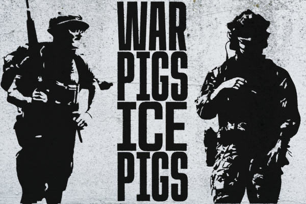 Stark Comparison - The photos of a soldier and ICE agent are against each other, urging the audience to draw comparison and/or contrast. 